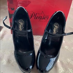 Platform black patent leather heels